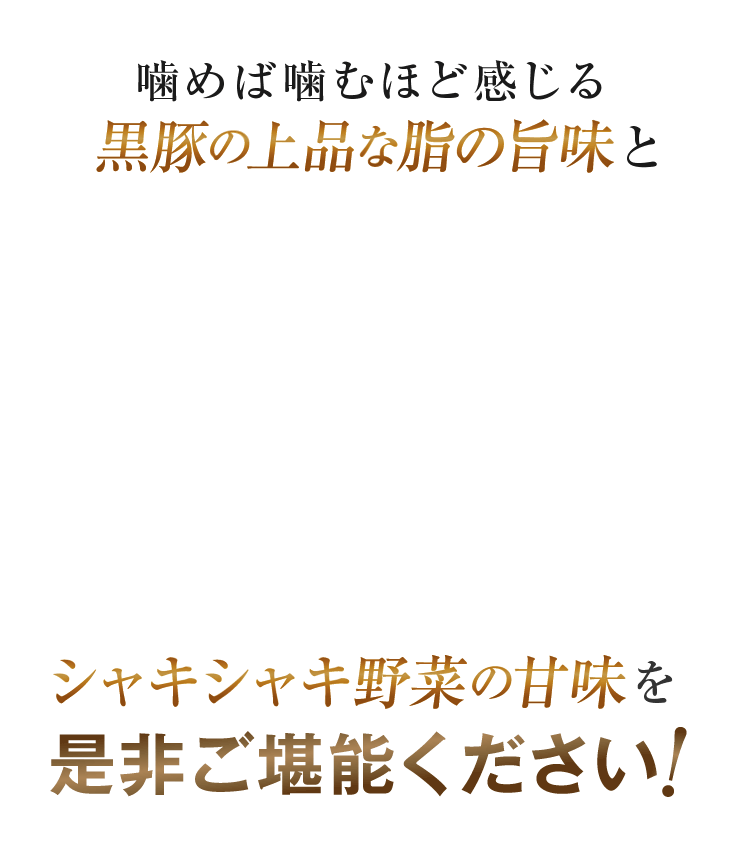 噛めば噛むほど感じる黒豚の上品な脂の旨味とシャキシャキ野菜の甘味を是非ご堪能ください！